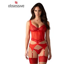 Basque Reggicalze con Perizoma Rosso in Pizzo Floreale Trasparente Obsessive Set