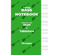 BASS NOTEBOOK. Sheet music with Staff + Tablature: Green cover, white paper, A4 size, ideal for bassists. 6 staff + tablatures per page.