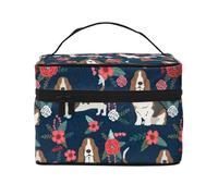 Basset Hound blu navy e papavero florealeBorsa per il trucco, borsa cosmetica portatile per donna - Organizer da viaggio per cosmetici, regalo per momenti speciali