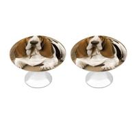 Basset Hound - Confezione da 2 pomelli rotondi per cassettiera, con motivo stampato, per armadietti, cassetti da cucina, in acciaio inox, con foro singolo