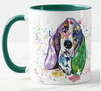 Basset Hound - Tazza colorata per cani da caccia, acquerello, arcobaleno, idea regalo per compleanno, lavoro, ufficio, Natale, tè, caffè (D verde)