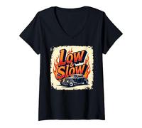 Basso & Slow Hot Rod Cruising Vintage Car Flames Maglietta con Collo a V, Donna, Nero, S