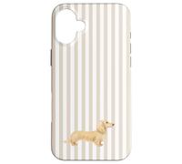 Bassotto biondo crema a pelo lungo su strisce bianche e tortora Custodia per iPhone 16 Plus