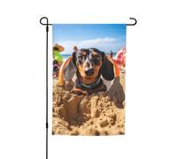 Bassotto estivo Cucciolo carino Il mio cane d'amore sulla spiaggia Bandiera da giardino vibrante bifacciale 12 X 18 pollici Decorazione per casa Cortile