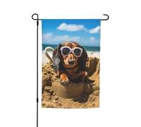Bassotto estivo Il mio cane d'amore sulla spiaggia Cucciolo carino Bandiera da giardino vibrante Bifacciale 12 X 18 pollici Decorazione per casa Cortile