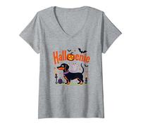 Bassotto Halloween Halloween Spooky Pup Party Maglietta con Collo a V, Donna, Grigio Melange, S