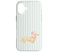 Bassotto natalizio a pelo lungo color crema + strisce rosa Custodia per iPhone 16 Plus