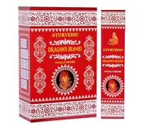 Bastoncini di incenso ayurvedici Dragon Blood Masala - 12 x 15 bastoncini | Detergente e protettivo potente, fatto a mano, naturale, aromatico | Con adesivo Kajal floreale e devozionale