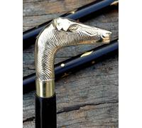 Bastone da passeggio antico vintage in ottone con manico testa di cavallo sti...