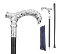 Bastone da Passeggio con Manico Curvo Inciso in Oro - 93 cm, in Acciaio Nero Elegante Gentiluomo, Ideale per Cosplay, Eventi Formali & Feste(Silver)