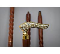 Bastone da passeggio fatto a mano linea oro floreale manico ottone canna a sp...