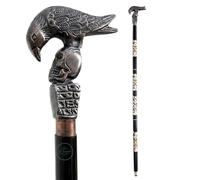 Bastone da passeggio in legno con testa di teschio d'aquila antica, nero e dorato, canna di supporto in legno resistente e metallo, impugnatura comoda, regalo classico in stile vintage per l'uso