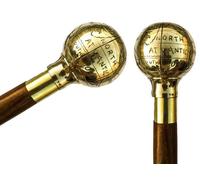 Bastone da passeggio in legno marrone vintage con manico a globo in ottone...