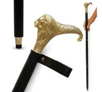 Bastone da passeggio in legno nero con manico a testa di leone in ottone, stile vintage, con cinturino in pelle, per uomini e donne, ideale per cosplay, rievocazioni storiche o regalo da collezione