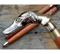 Bastone da passeggio in legno stile antico con manico a testa di cane in...