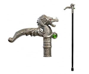 Bastone da passeggio in metallo a forma di drago con cristallo verde, nero | Struttura stabile con aspetto classico, ideale per costumi da gentleman, steampunk e storici