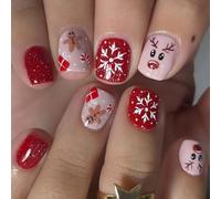 Bastone Di Renna Su Unghie Corte Quadrate Finte Unghie Con Gingerbread Uomo Disegni Stampa Di Natale Sulle Unghie Per L'Inverno