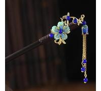 Bastone per capelli cinese blu, forcina vintage in legno, bacchette per capelli fatte a mano con nappa, bastone per capelli per feste di nozze forcine Hanfu, accessori per chignon lunghi, forcine per
