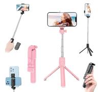 Bastone per selfie con telecomando ricaricabile e luce, treppiede portatile per iPhone 17 16 15, 27,5 pollici, estensibile e girevole a 360°, supporto da viaggio per registrazione video (rosa)