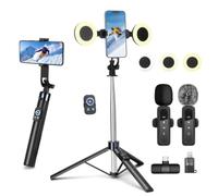 Bastone per selfie da 180 cm, con 2 luci e microfono, kit per vlogging per iPhone/Android, treppiede per smartphone, attrezzatura per creatore di contenuti