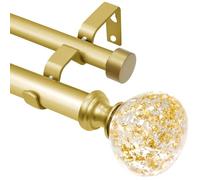 Bastone per tende doppio in lamina d'oro per finestre da 167 a 300 cm: asta per tende a doppia finestra, resistente, regolabile da 167 a 300 cm, terminali in resina stagnola d'oro e asta doppia per
