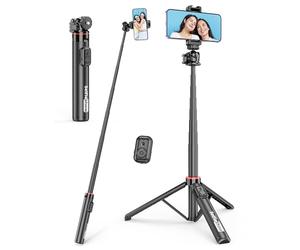 Bastone Selfie Treppiede Alluminio, Cavalletto per Smartphone con Testa a Sfera 360° & Telecomando Selfie Stick Estensibile Portatile con Cold Shoe Treppiede Telefono per iPhone e Android, Vlog, Live