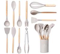 BASVII Set 12 Pezzi Utensili Cucina in Silicone Con Porta Mestoli - Realizzati Con Manici in Legno, Resistenti al Calore e Antiaderenti (Cachi)