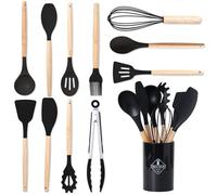 BASVII Set 12 Pezzi Utensili Cucina in Silicone Con Porta Mestoli - Realizzati Con Manici in Legno, Resistenti al Calore e Antiaderenti (Nero)