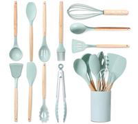 BASVII Set 12 Pezzi Utensili Cucina in Silicone Con Porta Mestoli - Realizzato Con Manici in Legno, Resistenti al Calore e Antiaderenti (Verde)