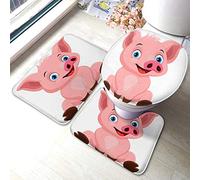 Bath Mat Set of 3 Pieces Cartoon Pet Laugh Happy Comic Animal Cute Farm Funny Happy Pork Sitting Bath Mats for Bathroom Absorbent Non-Slip Rug 23.6X15.7 Inch Polyester for Tub Toilet