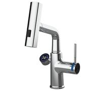 Bathroom Faucet with Pull Out Sprayer, 360° Swivel Lifting Kitchen LED Temperature Display, Single Handle Basin Faucet, Brass Sink 3 Spray Modes,Gun Gray (Black)