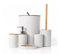 Bathroom - Set da 6 pezzi, in bambù Lid Trash Can/Toilet Brush/Soap Dispenser/Toothbrush Holder/Cup/Soap Box Modern and Simple Bathroom