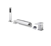 Bathtub Faucet with Display Valve, Deck Mounted Brass Waterfall Roman Tub Filler Bath Shower Mixer Taps, Single Handle Five Holes Hot And Cold Water Mixer Tap with Handshower (Chrome A)