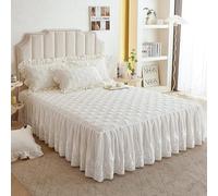 BATlaM Copriletto Trapuntato in Cotone Broccato con Motivo Floreale con Gonna a Balze in Pizzo, copriletto Matrimoniale, Beige