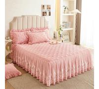 BATlaM Copriletto Trapuntato in Cotone Broccato con Motivo Floreale con Gonna a Balze in Pizzo, Misura King, Rosa