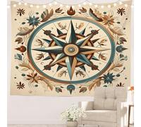 Batmerry Arazzo con rose e bussola, design a tema floreale, decorazione artistica da appendere alla parete, in fibra di poliestere, colore bianco, increspato intorno per dormitorio, camera da letto