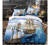 Battaglia di barche a vela Set Di Copripiumino 3 pezzi morbida stampa di 3D con cerniera con federe per cuscini Stile artistico di guerra navale copripiumino for coppie e adulti Single（140x200cm）