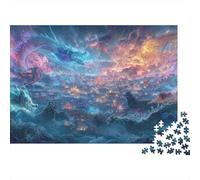 Battaglia Drago Mitico Puzzle 1000 Pezzi Serata Gioco per Adulti Cielo Fantasy Surreale da Sogno di Oceano di Nebulose Premium Robusto Vivace Stimolante Difficile Antistress 38x26cm/1000pz