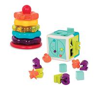Battat - Cubo selezionatore di Forme + Anelli impilabili - Combo di ordinamento e impilamento - Set di ordinamento sensoriale da 17 Pezzi - Cubo di attività con Labirinto di Perline - 2 Anni +