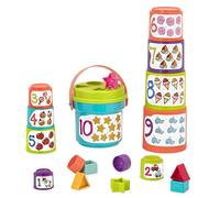 Battat - Sort & Stack Nesting Cups - Coppe educative impilabili con numeri e forme - Gioco con acqua e sabbia con 19 pezzi colorati, blu