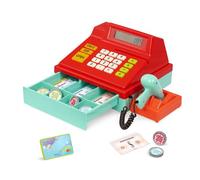 Battat registratore di cassa giocattolo rosso con scanner e calcolatrice | Set da 49 pezzi con registratore di cassa rosso, scanner, 40 banconote, 6 monete e carta di credito giocattolo, 3+ anni