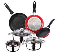 Batteria 5 pezzi Cassel + Set 3 padelle Ø16/Ø20/Ø24 cm rosso, alluminio pressato, antiaderente, induzione