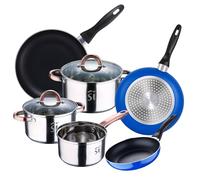 Batteria 5 pezzi in acciaio inox Ø16Ø18Ø20 con 2 coperchi in vetro e set 3 padelle Ø 16/20/24 cm, alluminio pressato, blu, set adatto per induzione
