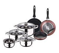 Batteria 7 pezzi in acciaio inox: casseruola senza coperchio Ø16 / pentole con coperchio Ø18 Ø20 e Ø24 (4.0L) e set di 3 padelle Ø16/20/24 cm, alluminio pressato