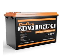 Batteria al litio Cloudenergy 12V LiFePO4 200Ah con durata di oltre 10 anni, oltre 6000 cicli, potenza 2560Wh. IP65, ideale per applicazioni marine, solari e RV.