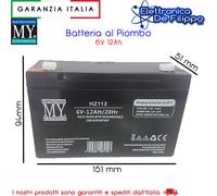 Batteria al piombo 6v 12Ah 151x50x99mm per GRUPPI CONTINUITA o PEG PEREGO