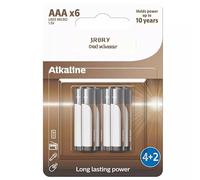 Batteria alcalina AAA/LR03, confezione da 6 pezzi, con 30% in più di durata. Ideale per dispositivi di uso quotidiano ad alto consumo.