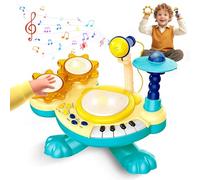 Batteria Bambini 3 Anni, Tamburo con Battito di Mani con Musica, Luci, Microfono e Tasti di Pianoforte, Educazione Precoce Batteria Strumenti Musicali Bambini Giocattolo Natale Regalo (Blu)