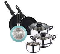 Batteria da cucina 5pc acciaio inox + set 3 padelle Ø16Ø20Ø24 alluminio pressato, azzurro