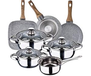 Batteria da cucina 7 pezzi SAN IGNACIO Faro, acciaio inox, con set padelle (18/22 cm) e grill 28 x 28 cm SAN IGNACIO Daimiel in alluminio forgiato